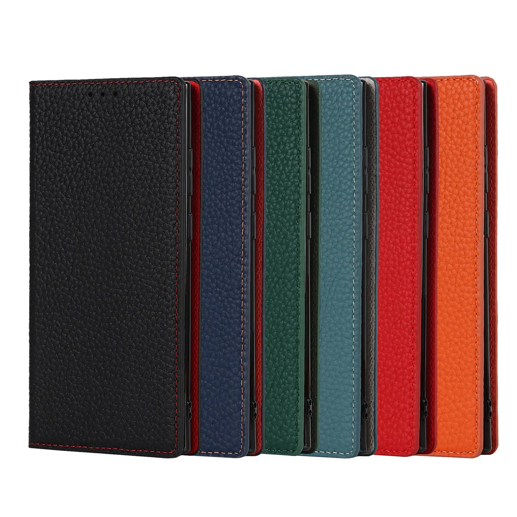 Genuine leather litchi texture phone case for Samsung Galaxy S24 Ultra in black with textured grip surface