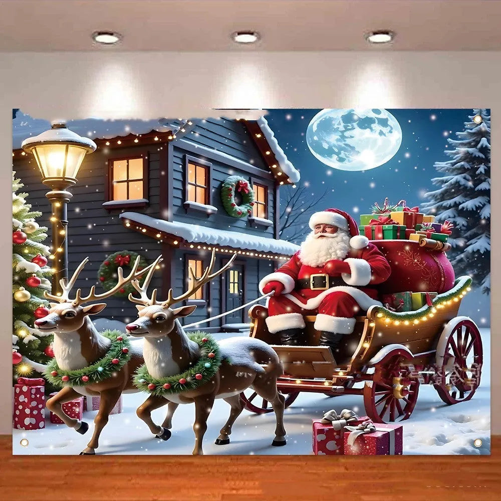 Christmas banner with Santa Claus and gifts design on polyester fabric measuring 210x150cm