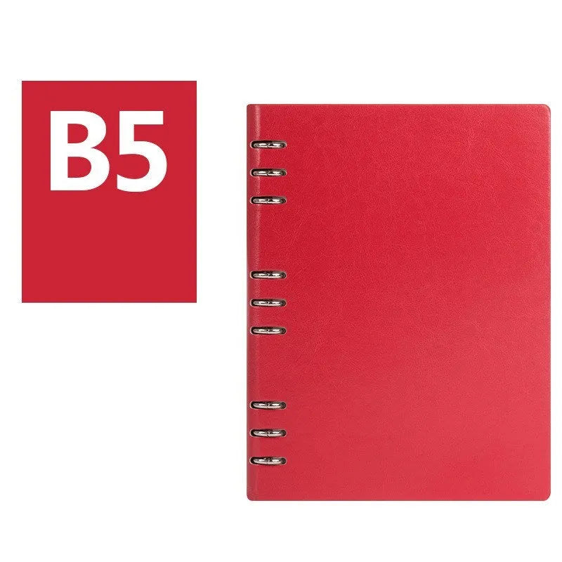 Loose-leaf business notebook with imitation leather cover showing size and colour options