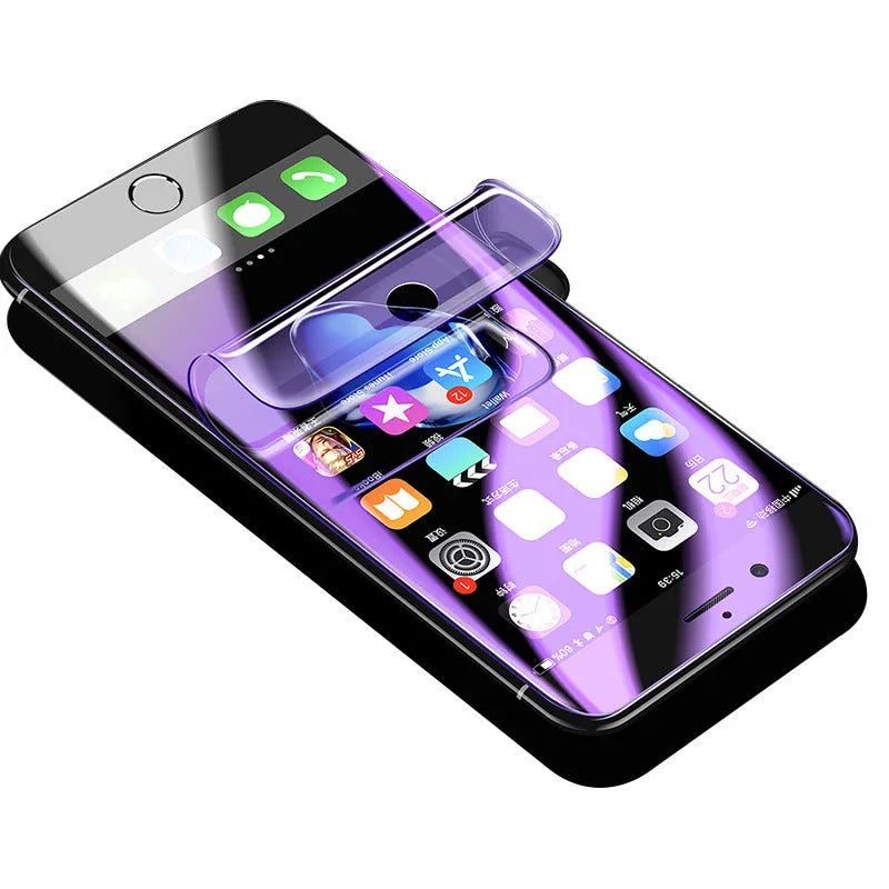 Hydrogel screen protector for curved Samsung Galaxy phones on a matte surface.