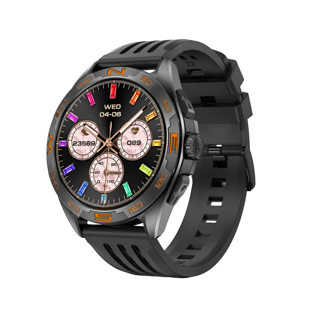 Men's smart watch showing display with WhatsApp notification, heart rate graph, and blood pressure reading.