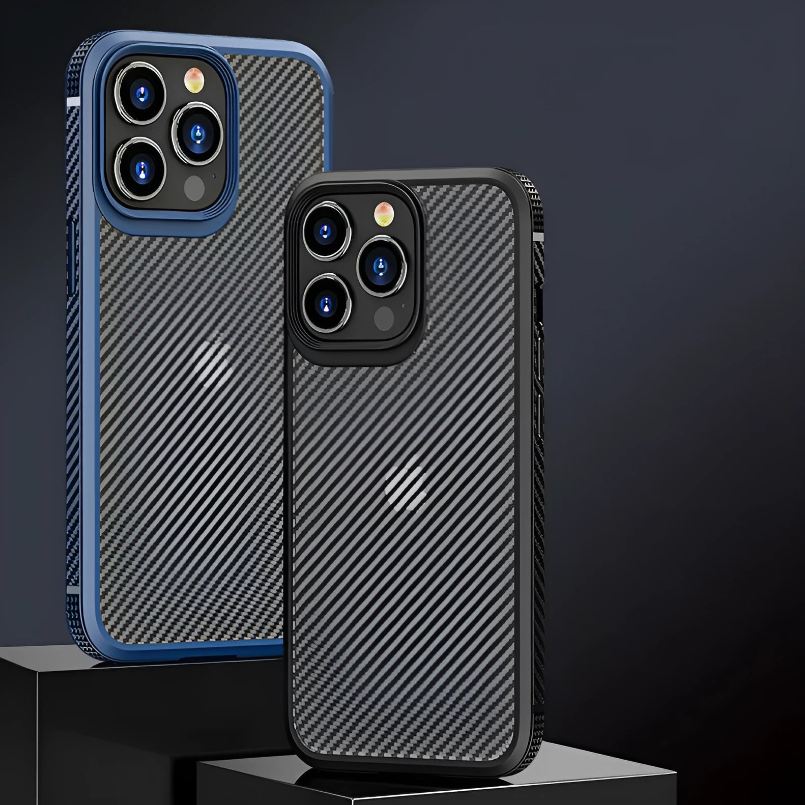 Black iPhone 13 protective case with carbon fibre pattern showing back and side view