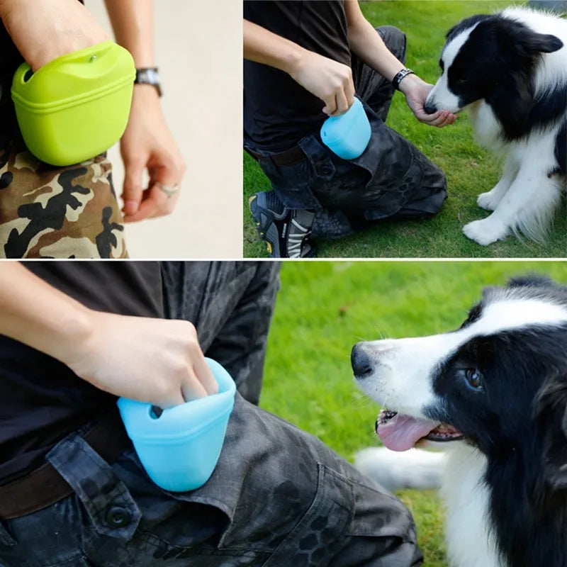 A portable silicone dog treat waist bag with a clip and magnetic opening, shown in available colours.
