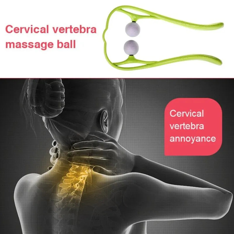 Plastic hand-held neck and shoulder massager with adjustable stand in pink, blue, or green colour.