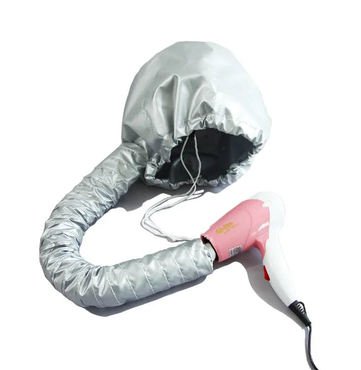 Pink hair dryer bonnet hood attachment with elastic tube and drawstring cord