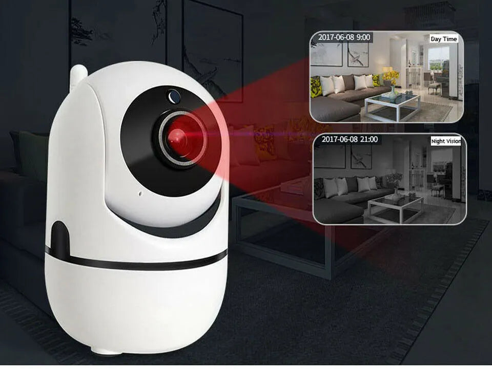 White WiFi wireless CCTV IP camera with HD 1080P night vision and 355° pan tilt for indoor home security