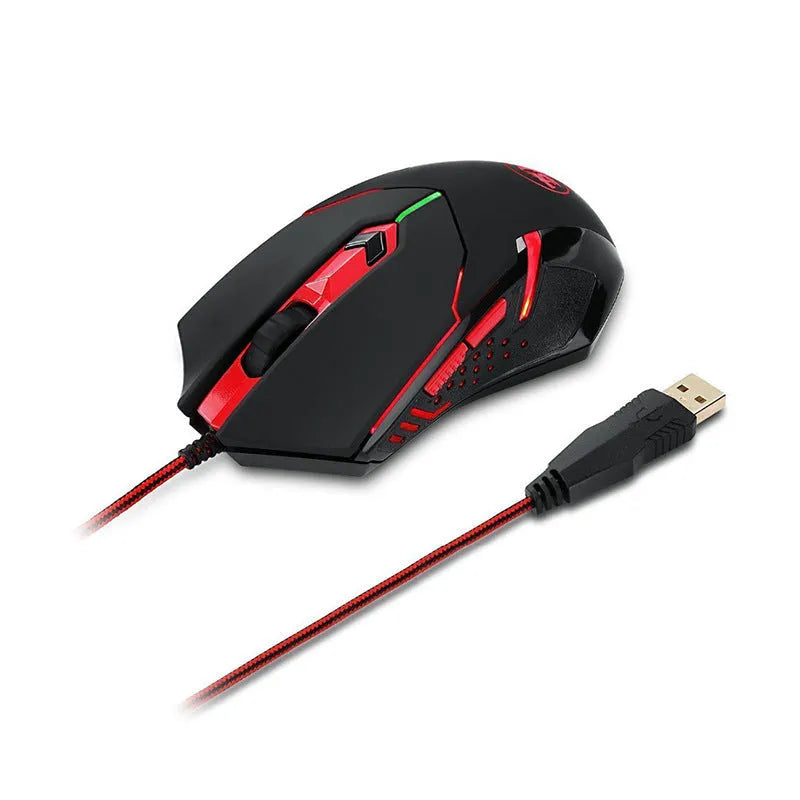 Black and red USB wired optical gaming mouse with ergonomic shape on a desk