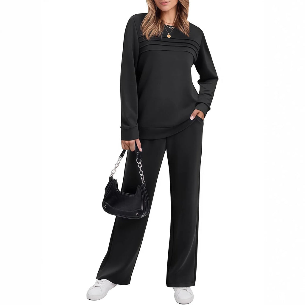 Women's casual long sleeve solid colour drawstring trousers suit set in army green with regular sleeves and polyester fabric