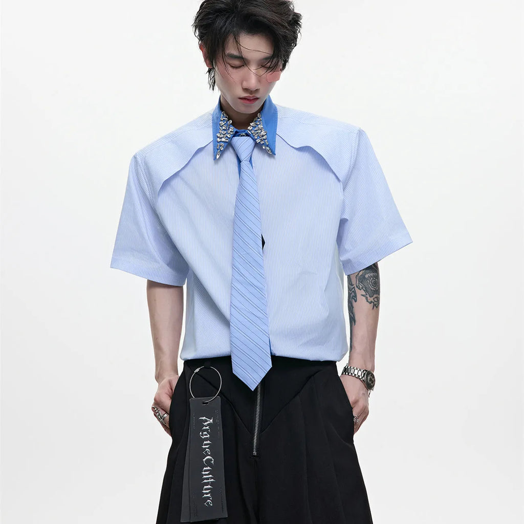 Men's blue striped shirt with diamond tie patchwork quilting, flip collar, and button decorations on loose fit cotton blend fabric