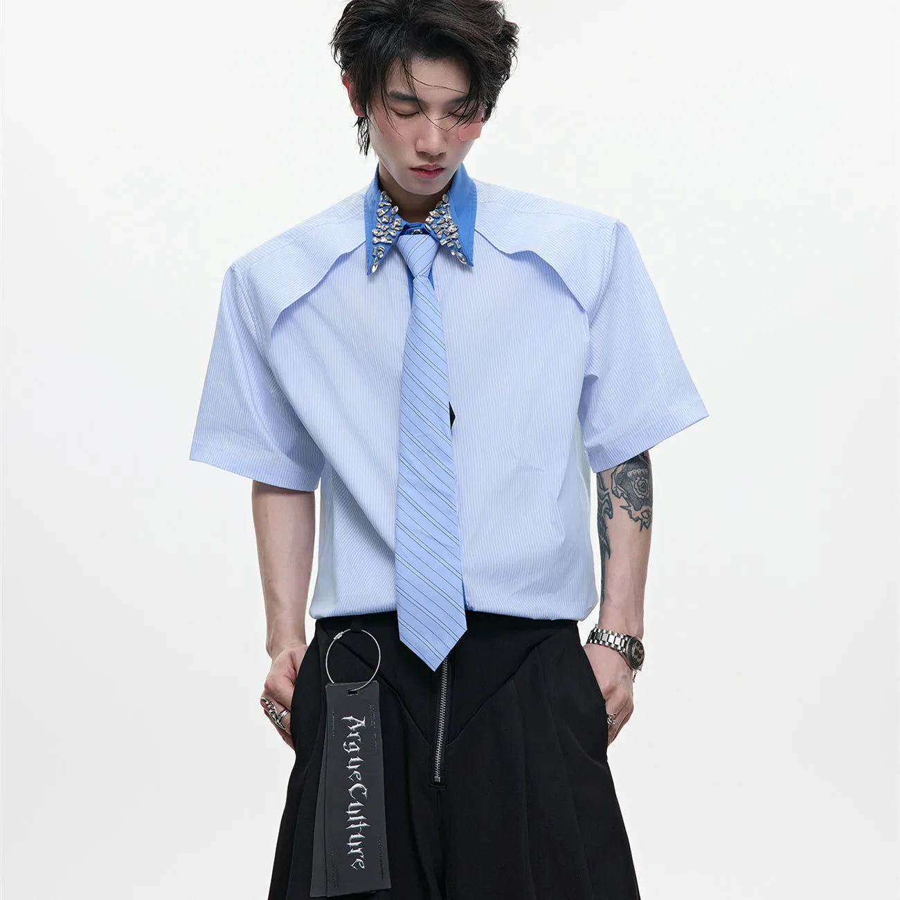 Men's blue striped shirt with diamond tie patchwork quilting, flip collar, and button decorations on loose fit cotton blend fabric