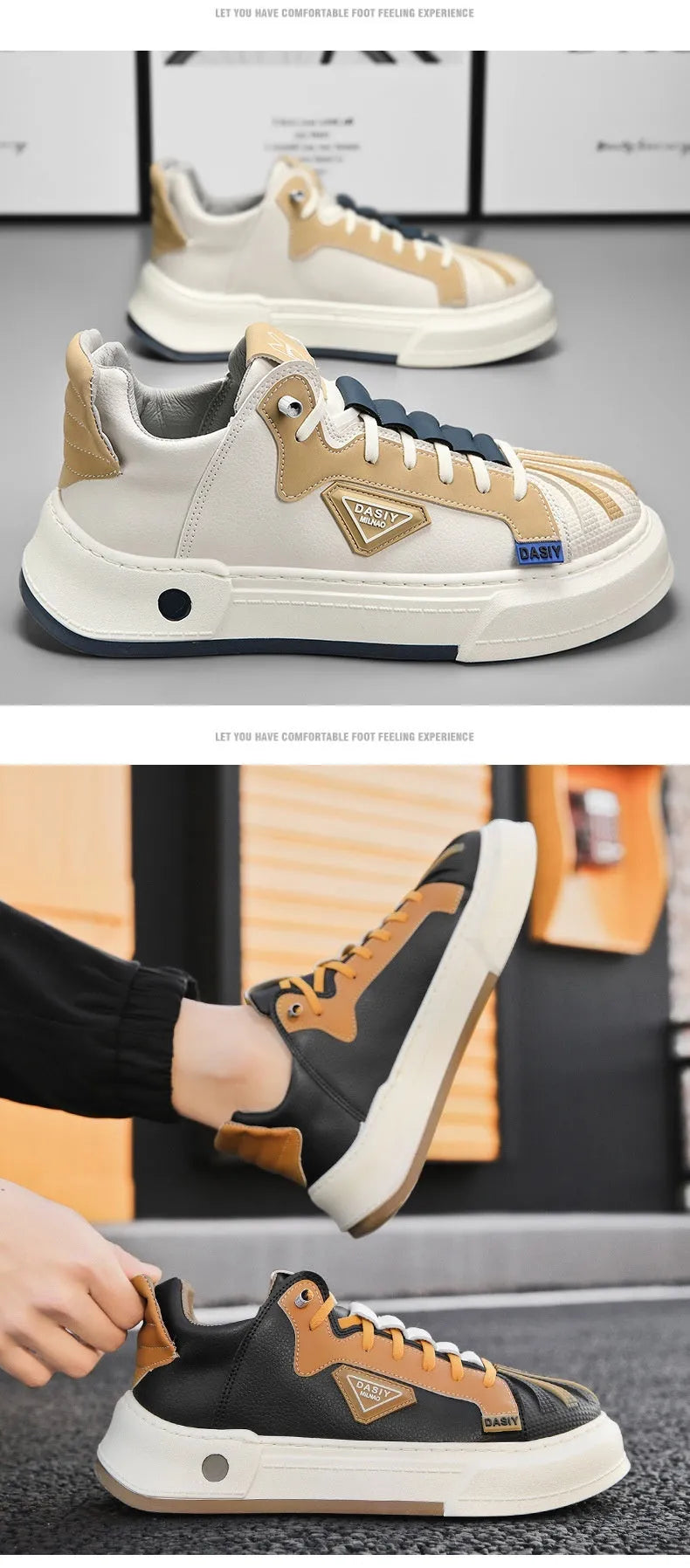 Men's beige and black low-top sneakers with elastic band closure and round toe
