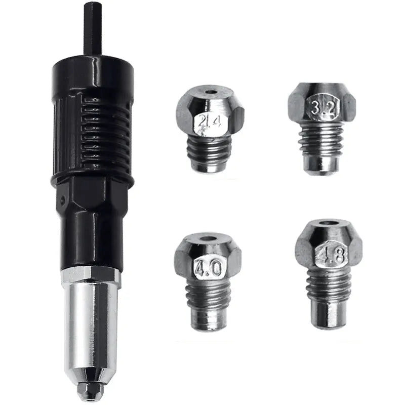 Black metal electric drill rivet gun attachment measuring 173mm with hardened three-jaw chuck and included handle, wrench, and rivet heads
