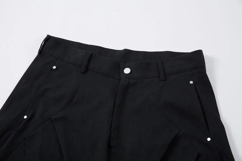 Men's black pleated wide-leg casual trousers made from cotton fabric