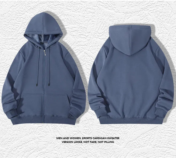 Plus size man wearing a beige heavyweight zipper hooded sweater with top-stitched pockets.