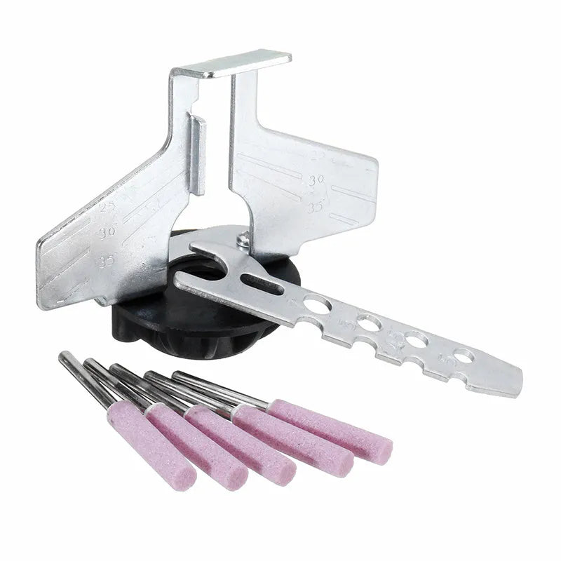Electric grinding chain sharpening accessory set with high speed steel attachment, polishing tools, and ruler