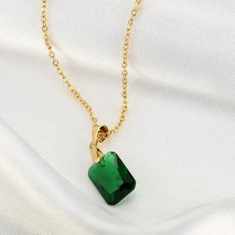 Green rectangular copper geometric pendant necklace on an O-ring chain