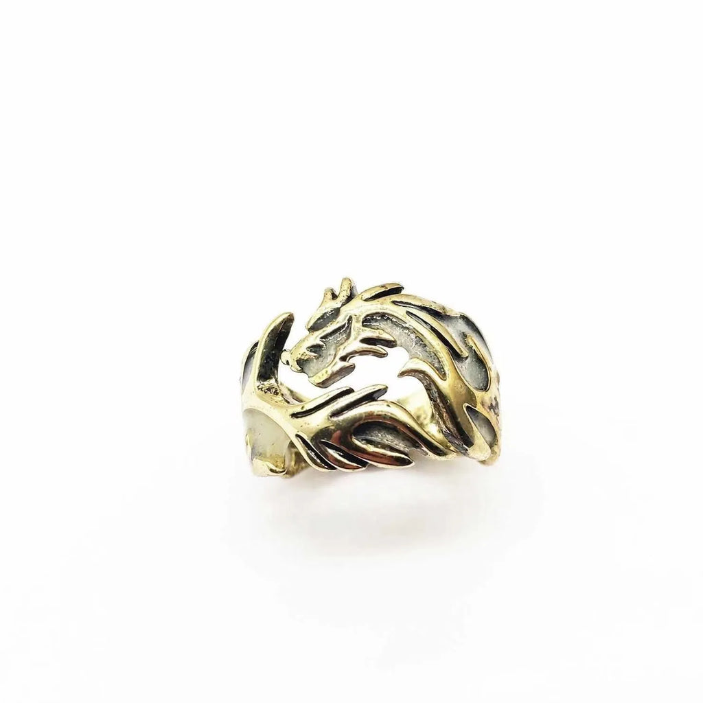 Adjustable Chinese style ring with luminous dragon pattern in archaism silver blue and green electroplated finish