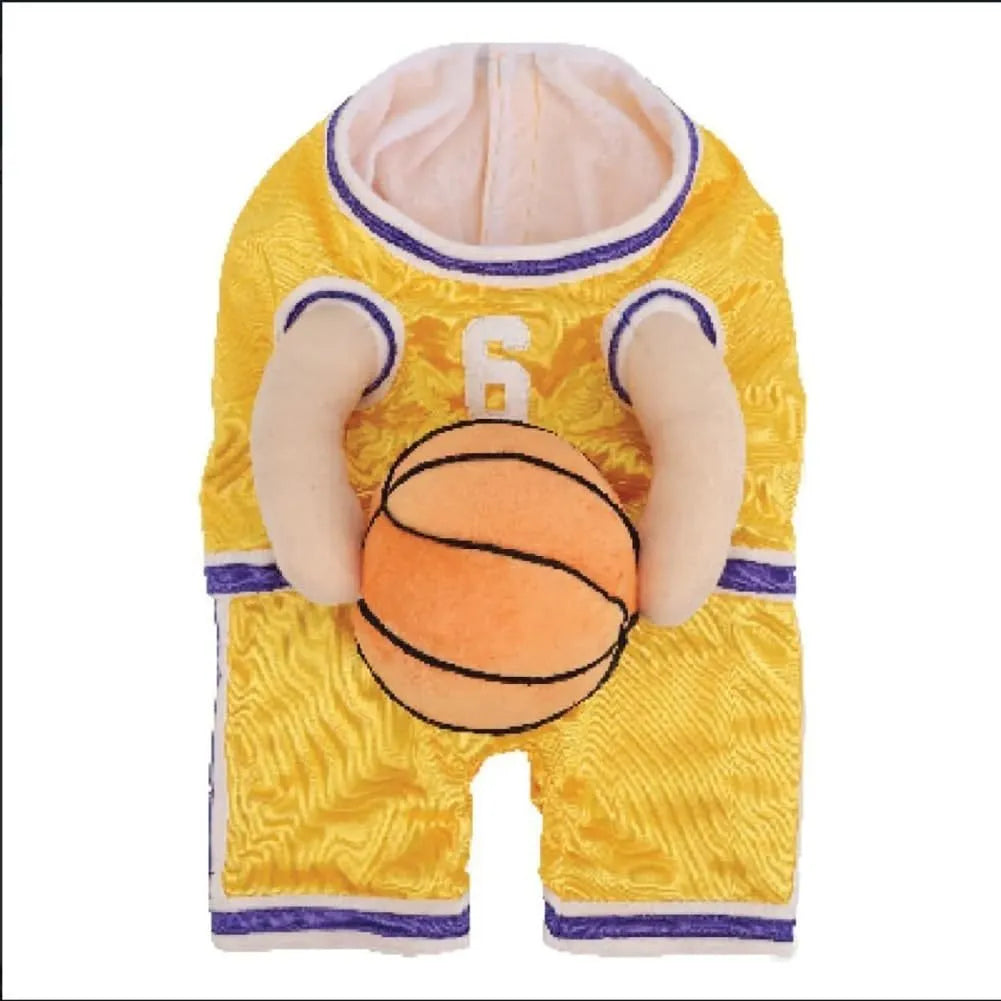 Creative dog basketball costume in red with ball, suitable for small medium large pets