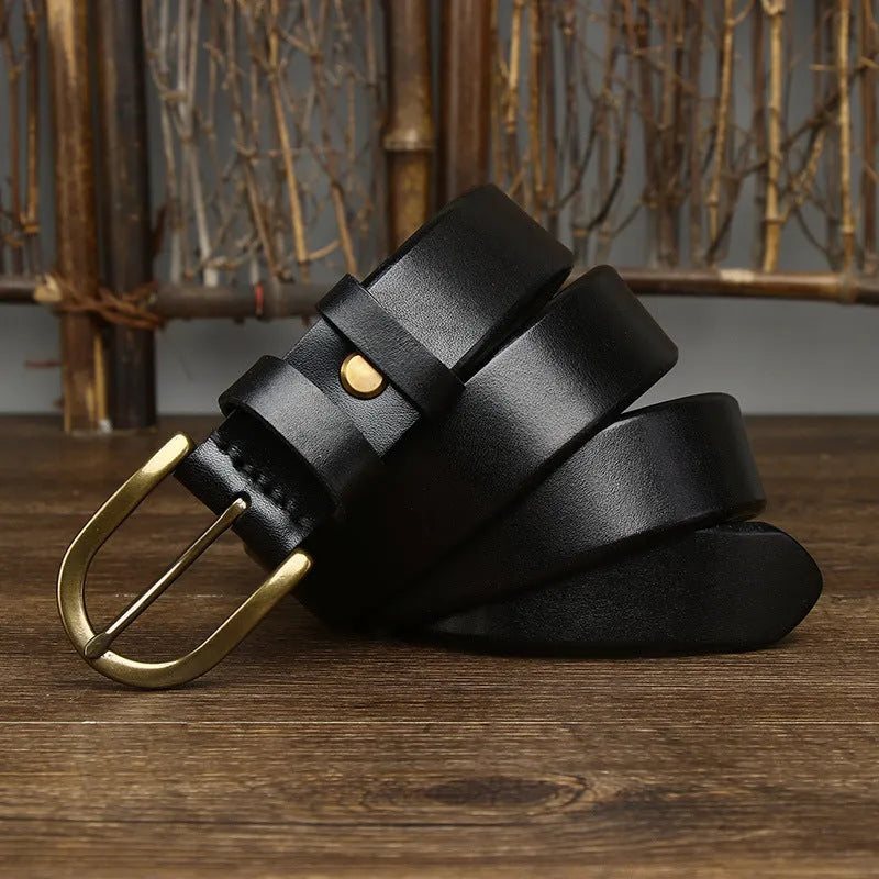 Men's genuine leather belt with 3.3cm wide copper buckle, handmade vegetable tanned, available in black brown khaki and red brown