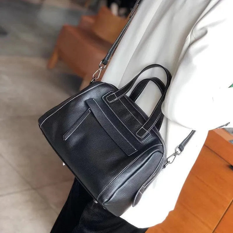 Genuine leather Boston lychee pattern shoulder messenger bag in horizontal square shape with soft handle