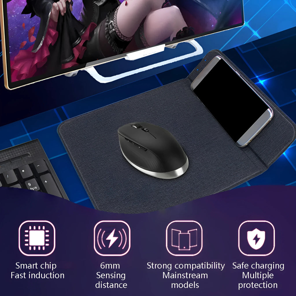 Black 2-in-1 wireless charging mouse pad with non-slip base and phone stand on a desk