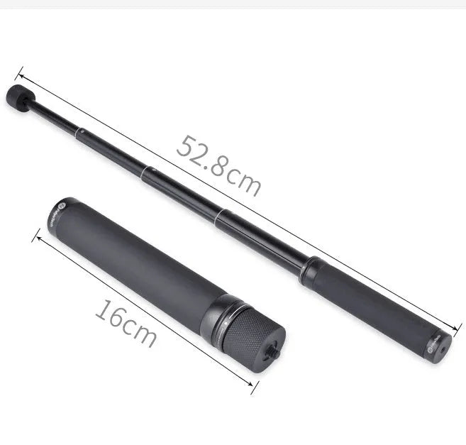 Black retractable selfie stick extended with smartphone attached in adjustable clamp