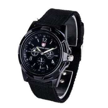 Cloth belt weaving military watch with quartz movement 40.5mm round dial and textile strap on display