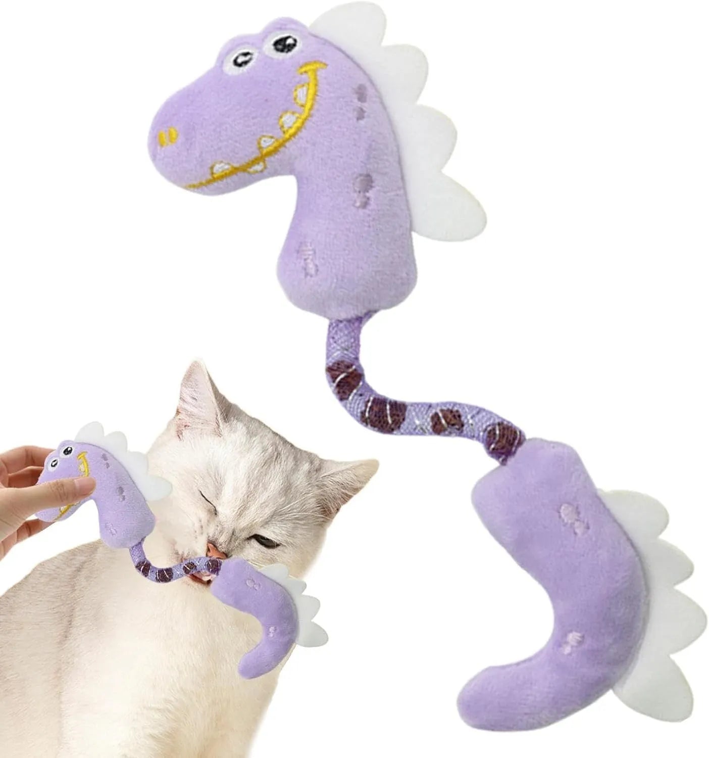 Set of four cat toys including rope toy, kicker toys, plush chew toys and cat springs in pink, purple and yellow
