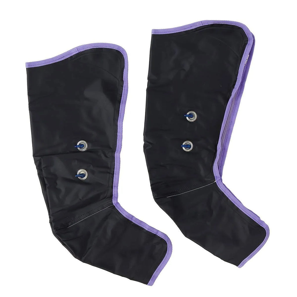 Pneumatic leg massager with handheld remote control and AC power, shown with EU, UK and US plug options