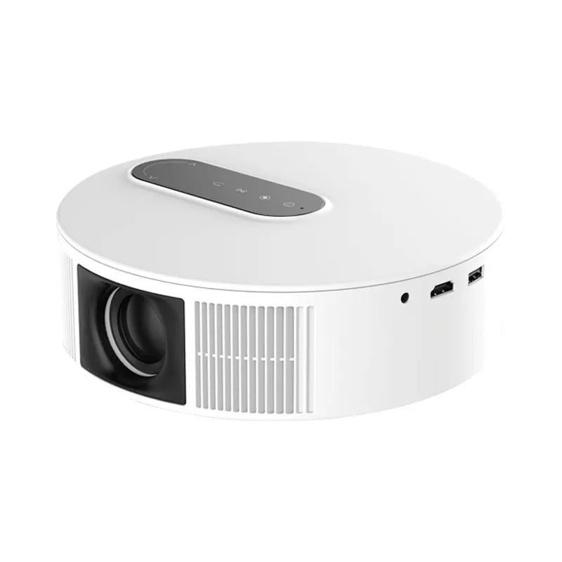 White HD 720p home theatre projector with remote control on a wooden table.