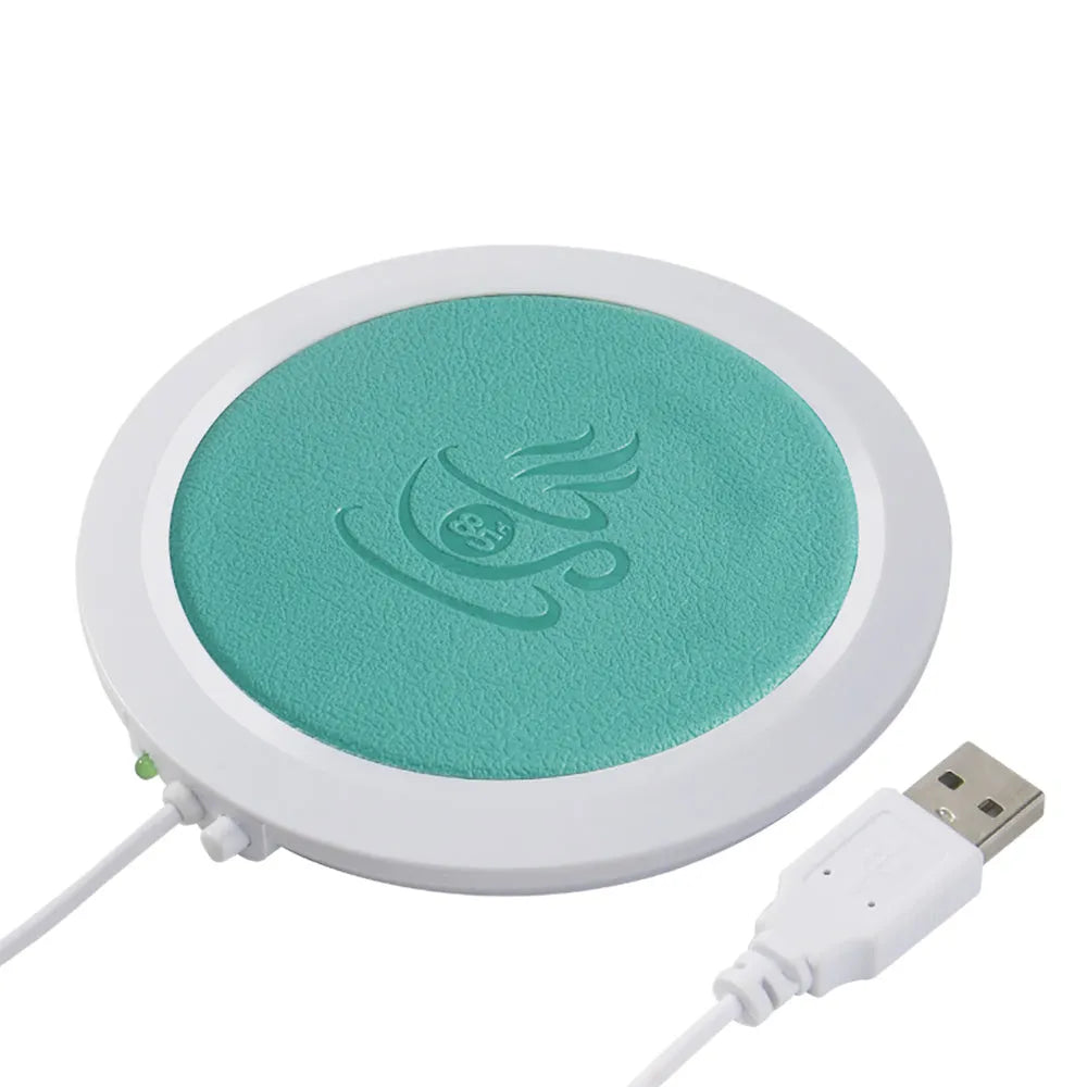 Black USB-powered heating coaster with high temperature heater for desk use.