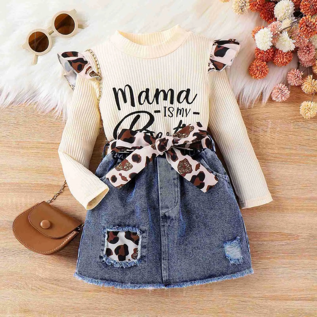 Children's apricot three-piece skirt suit with cotton top, leopard patch denim skirt, and sunken stripe letter jacket for girls 4Y-7Y