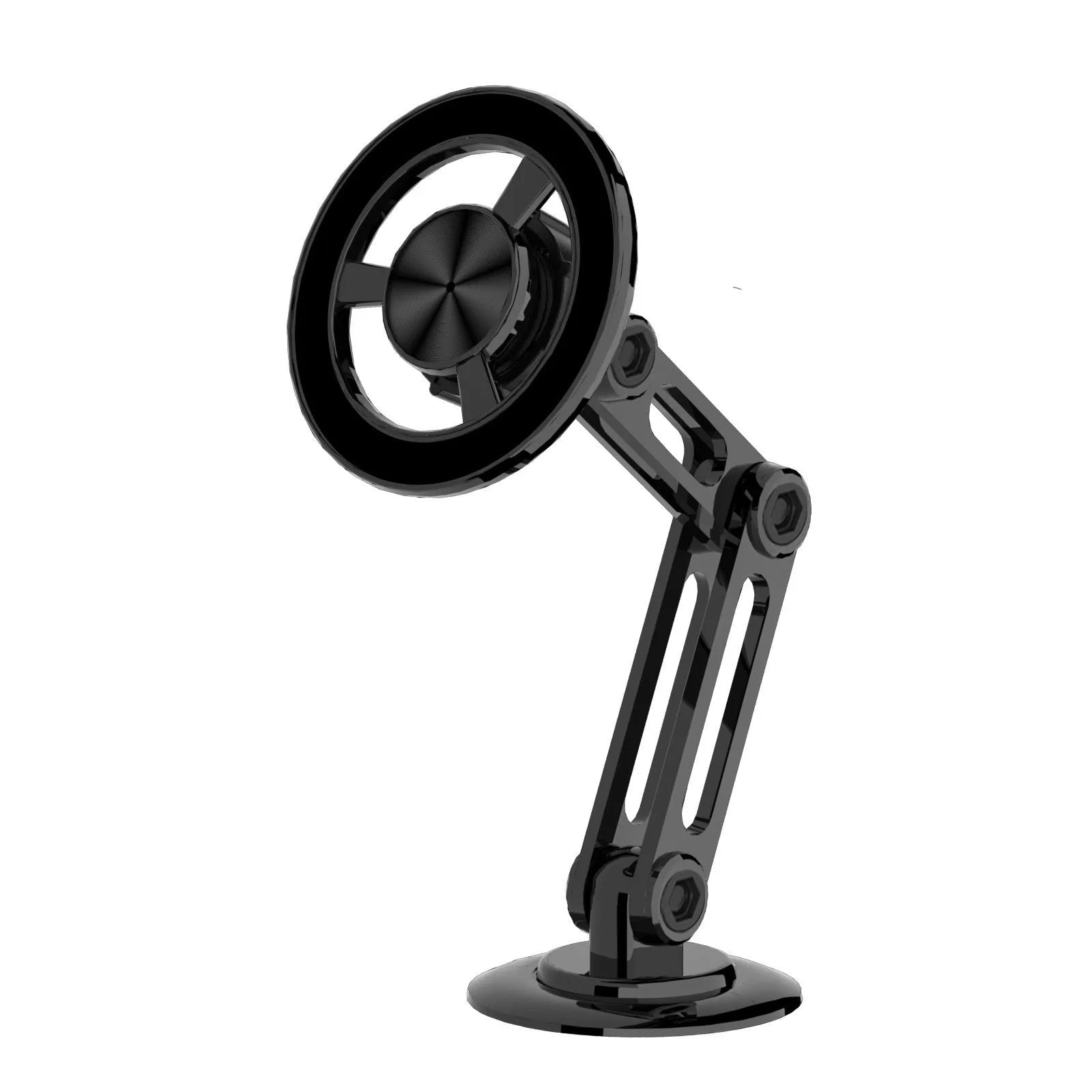 All-metal magnetic car phone holder in four metallic colours with magnetic rings and adhesive pads