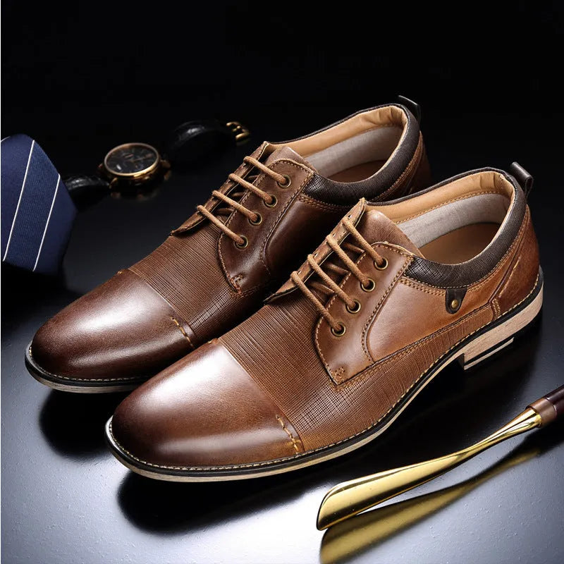 Men's brown cowhide formal shoes with rubber sole, sizes 8 to 13 including half sizes