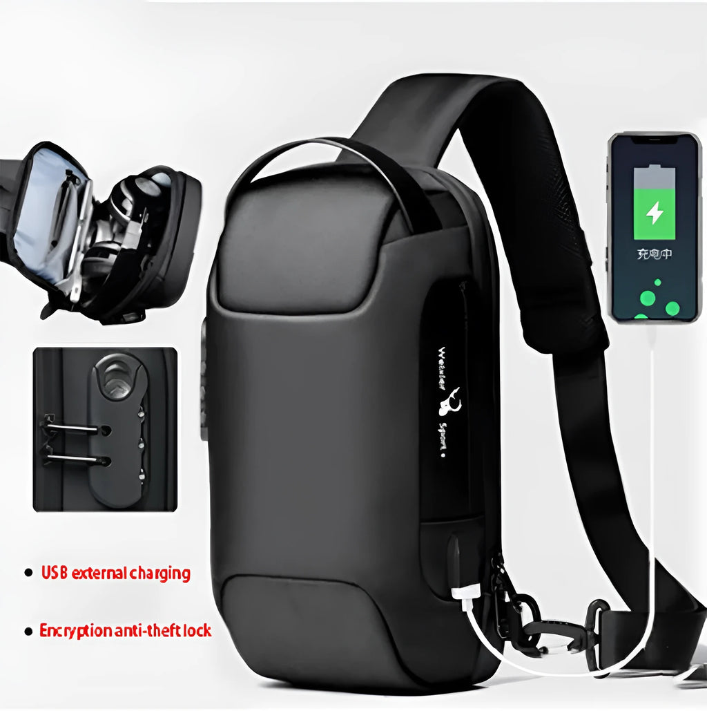 Black waterproof Oxford cloth crossbody bag with a shoulder strap, showing a USB port and multiple compartments.