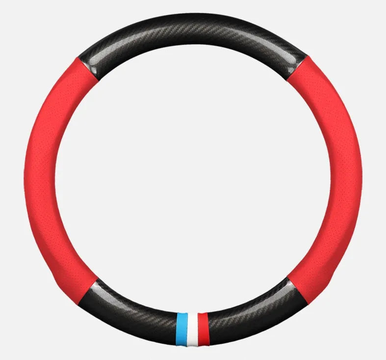 Universal 38cm leather carbon fiber steering wheel cover in mirror black with belt hole and tricolor mark.