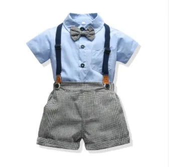 Boy's cotton trouser suit set with jacket and trousers in blue, showing front view