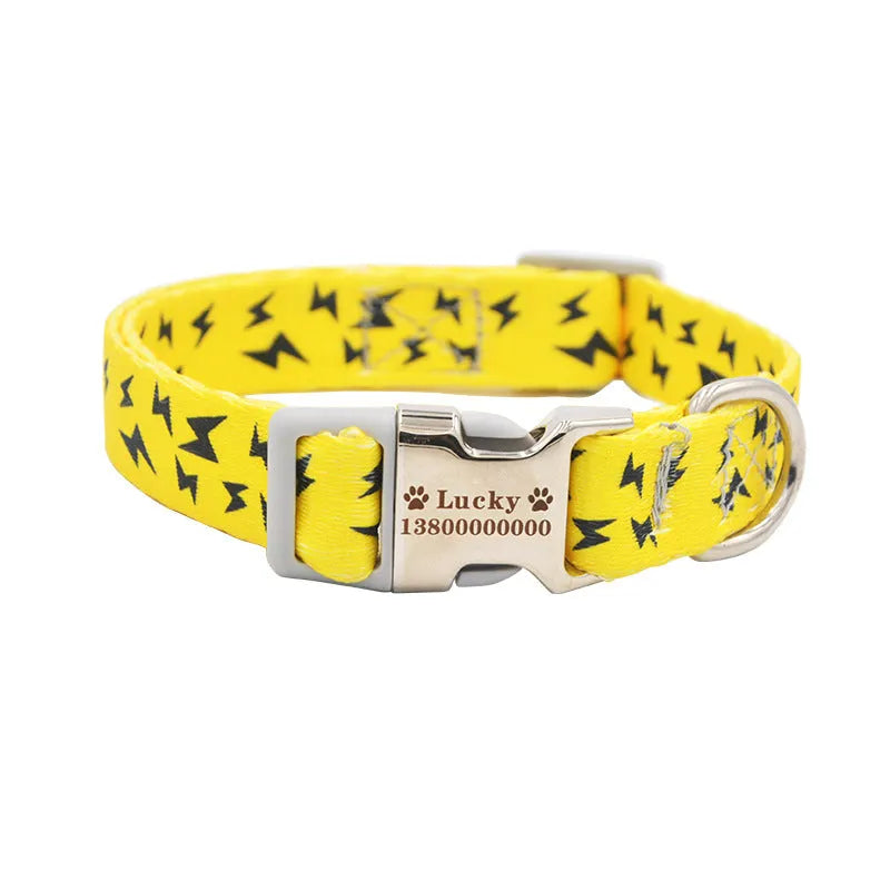Custom dog collar with personalised lettering in black, available in three adjustable sizes for small to large dogs