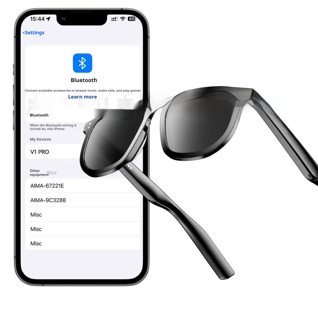 Black AI smart glasses with Bluetooth audio and sunglasses functionality
