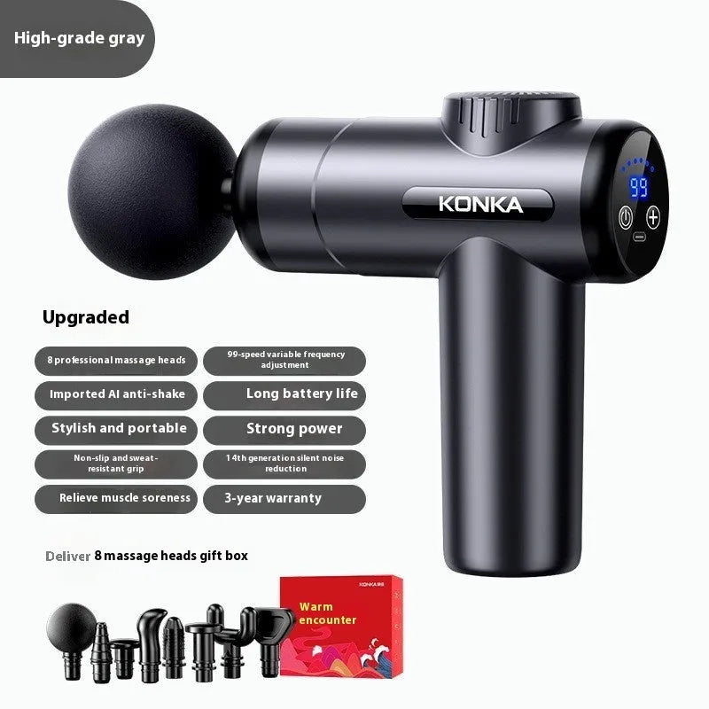 Konka electric mini massage gun with multiple massage head attachments on a gray background.