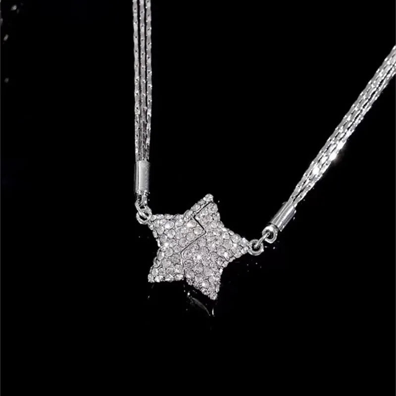 Magnetic five-pointed star necklace with rhinestones, copper electroplated pendant, water wave chain, 21-50cm