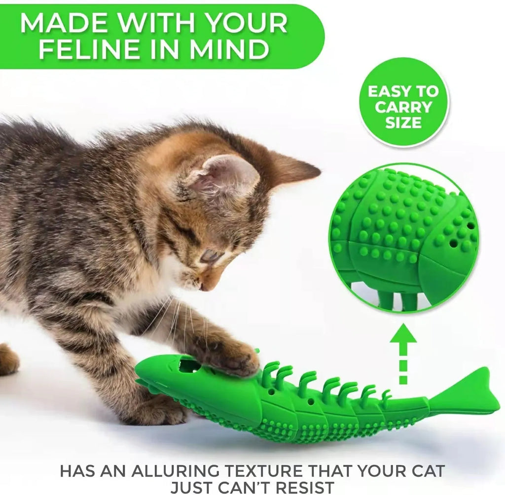 Blue cat toy with rubber toothbrush design for dental cleaning during play