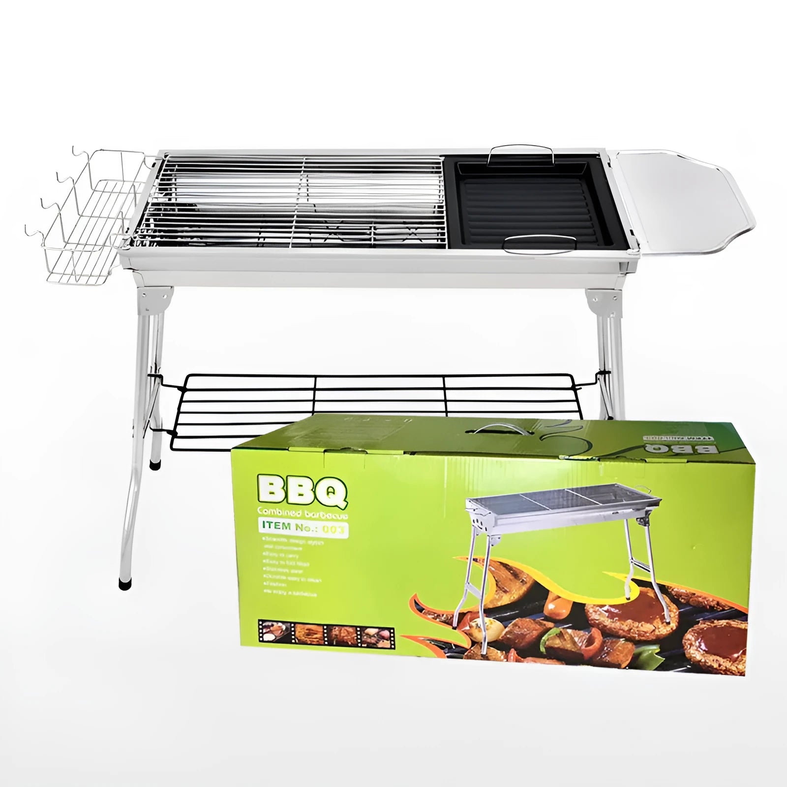 Stainless steel portable barbecue oven with charcoal stove and cooking accessories