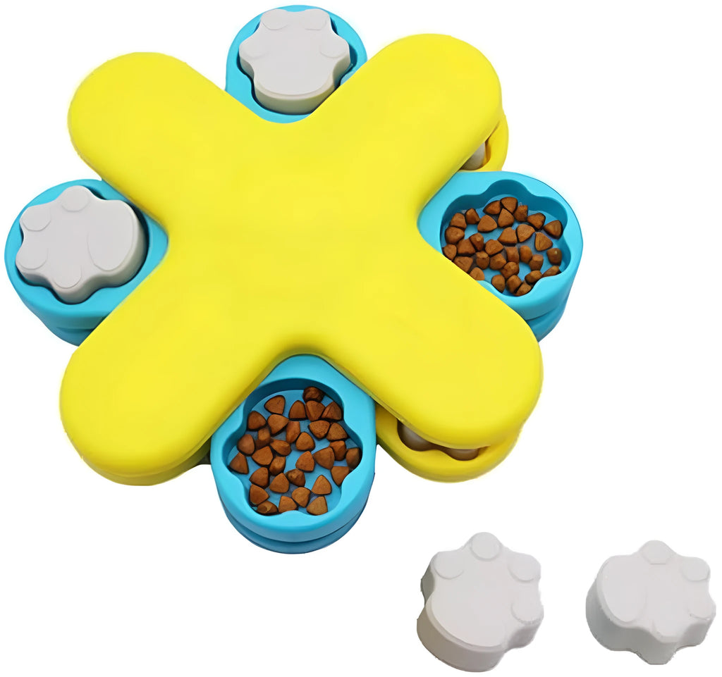 Yellow dog puzzle feeder toy with three-layer rotating lid and anti-slip rubber pads on base.