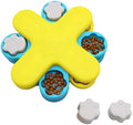 Yellow dog puzzle feeder toy with three-layer rotating lid and anti-slip rubber pads on base.