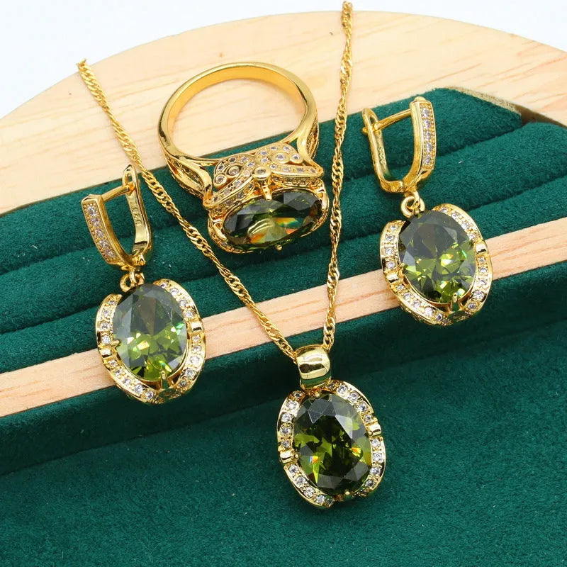 Women's rhinestone zircon jewellery suit with copper inlay, snake bones chain necklace, earrings, and ring in olive green or red colour