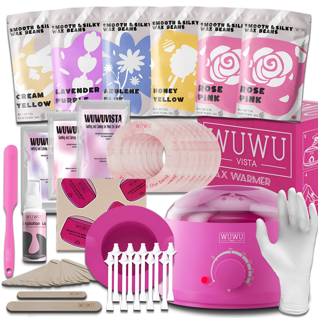 WUWUVISTA 56-piece professional waxing kit with black wax warmer, pots of coloured wax beads, applicators, and aftercare products.