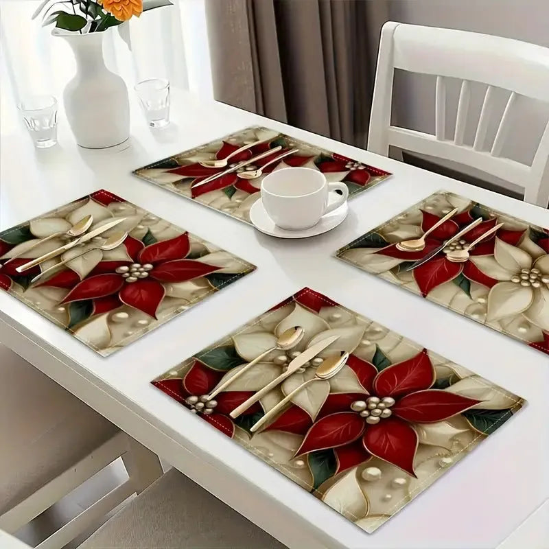 Christmas linen placemat with tree print in square shape 30x45cm on dining table