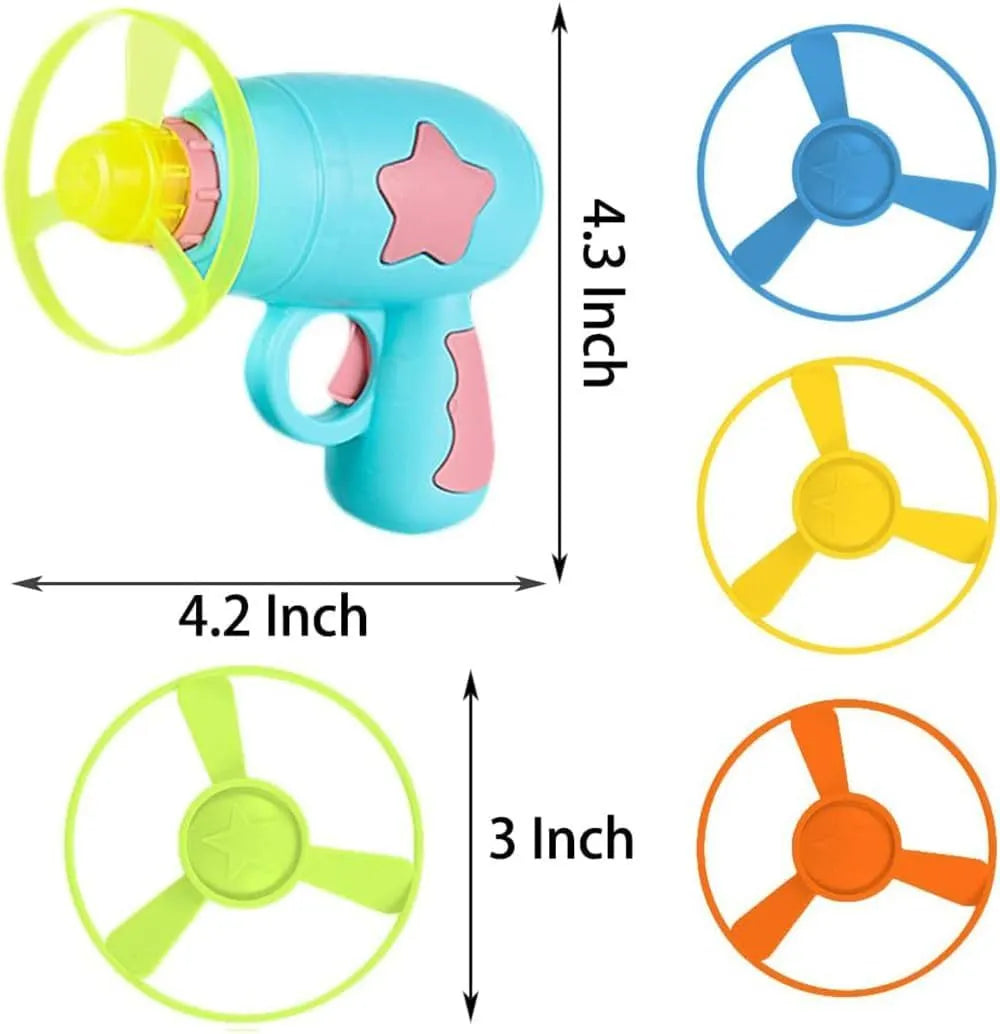 Blue plastic cat toy gun with disc launcher and Frisbee for indoor feline play