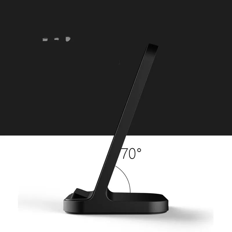 Dark grey vertical wireless charger desktop base for Apple smartphones measuring 70 x 70 x 113 mm
